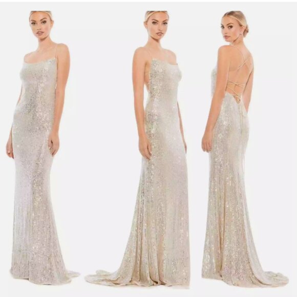 MAC DUGGAL 26269 STRETCH SEQUIN LACE UP BACK EVENING SILVER/NUDE GOWN sz 8 - Picture 1 of 3